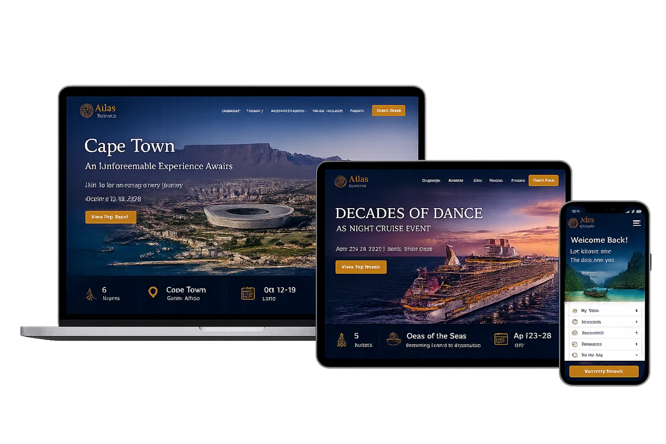 Technology devices showing group travel platform dashboard
