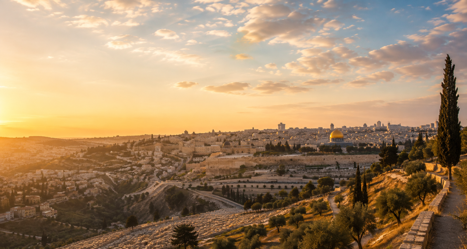 Sunrise over Jerusalem and the Old City seen from the Mount of Olives