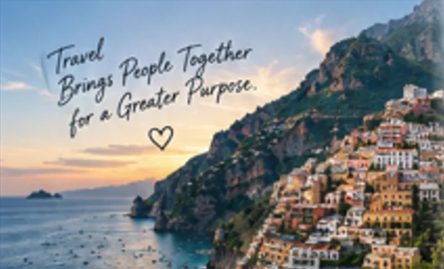 Seaside destination with the message Travel Brings People Together for a Greater Purpose