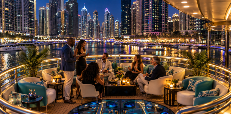 Leadership team gathered in a waterfront lounge overlooking the city skyline