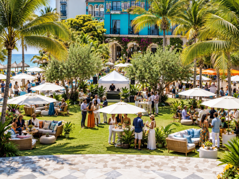 Corporate group event set up on a resort garden lawn