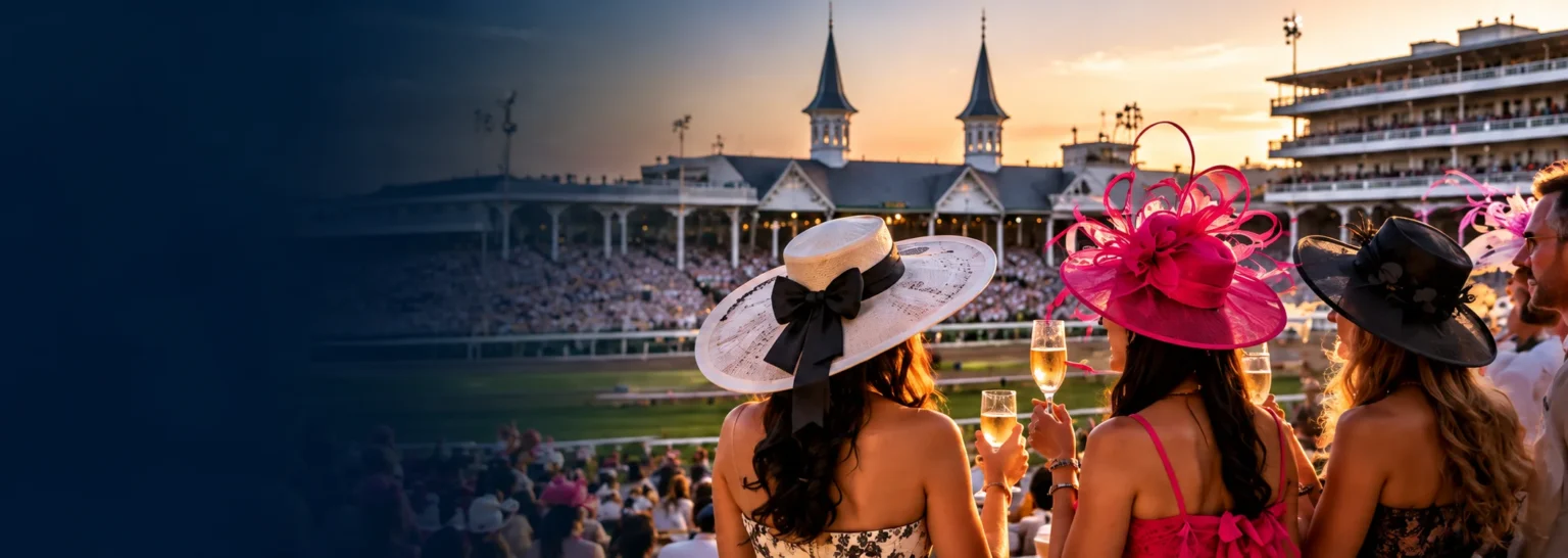 Guests in Derby hats raising champagne at the Kentucky Derby at sunset