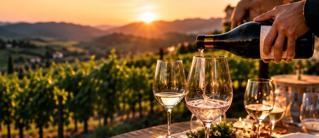 Rosé being poured at sunset over a vineyard in wine country