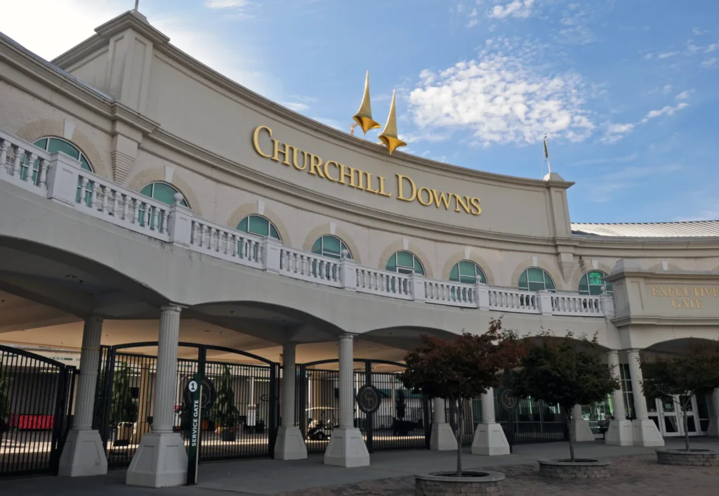 Churchill Downs grandstand entrance with its famous twin spires