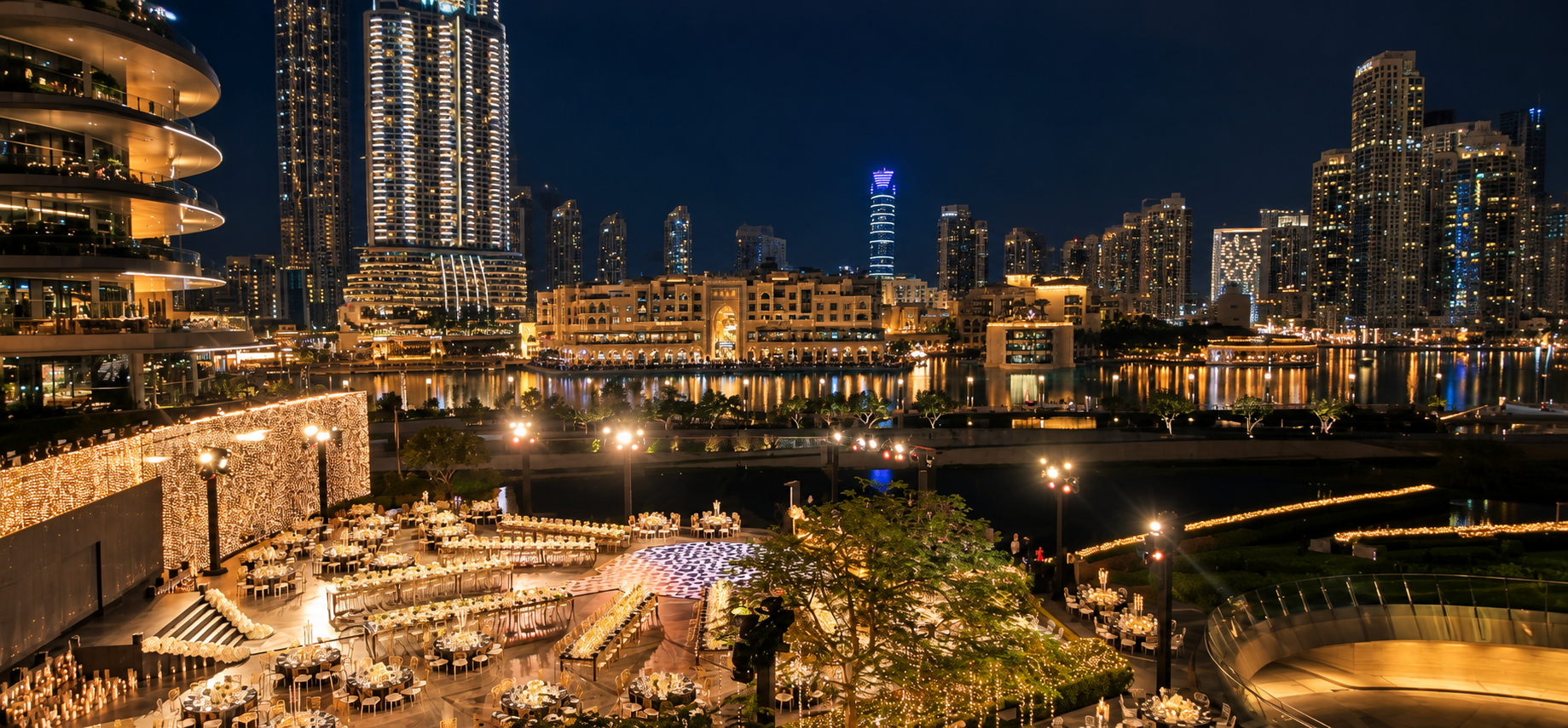 Private evening gala dinner on a terrace overlooking the Dubai Fountain and downtown skyline