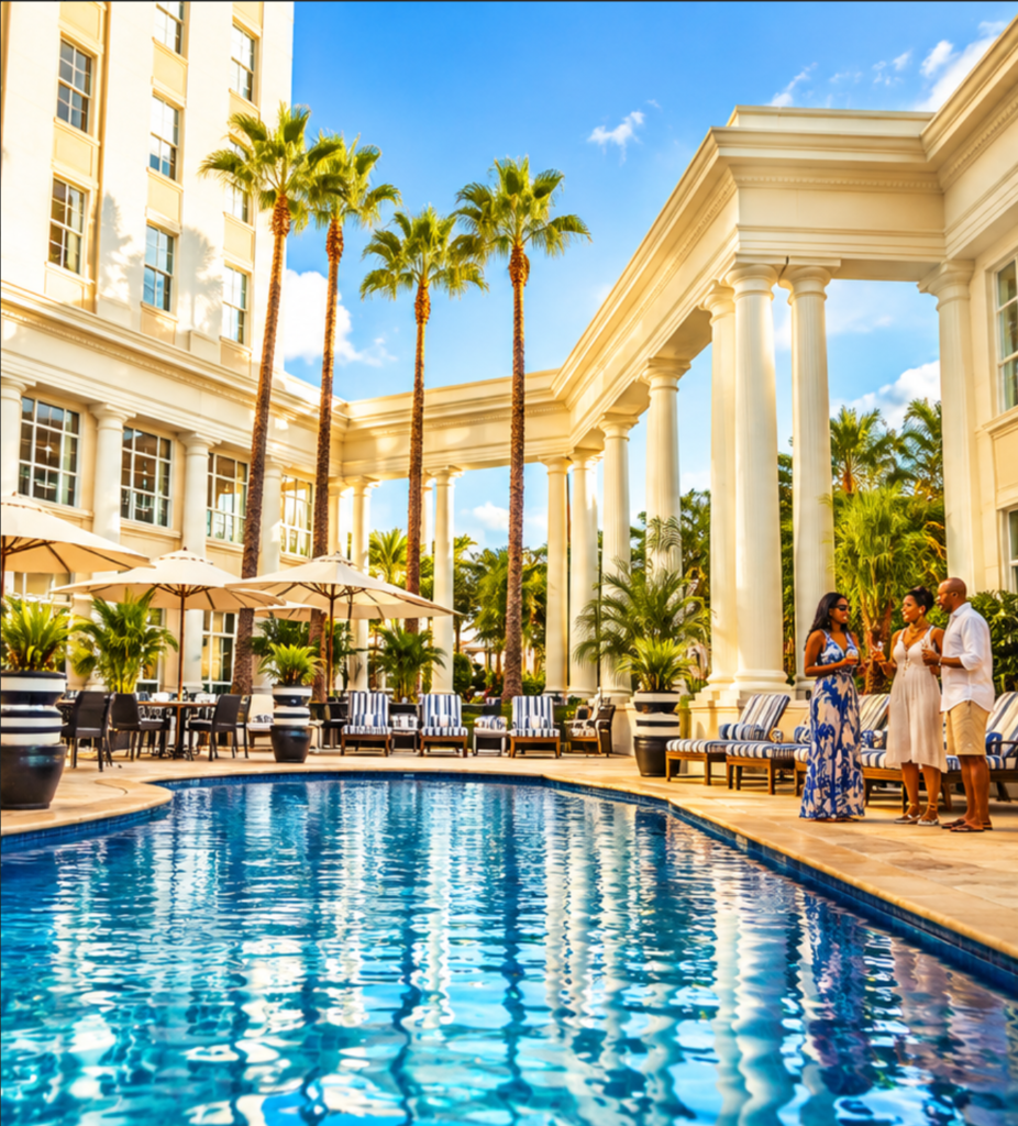 Guests talking beside a palm-lined pool at a grand colonial-style resort