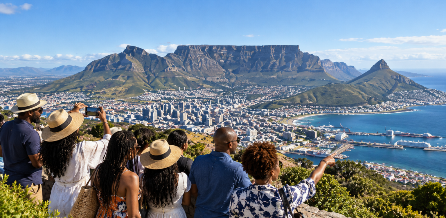 Group of travelers taking in the view of Table Mountain and Cape Town from a lookout