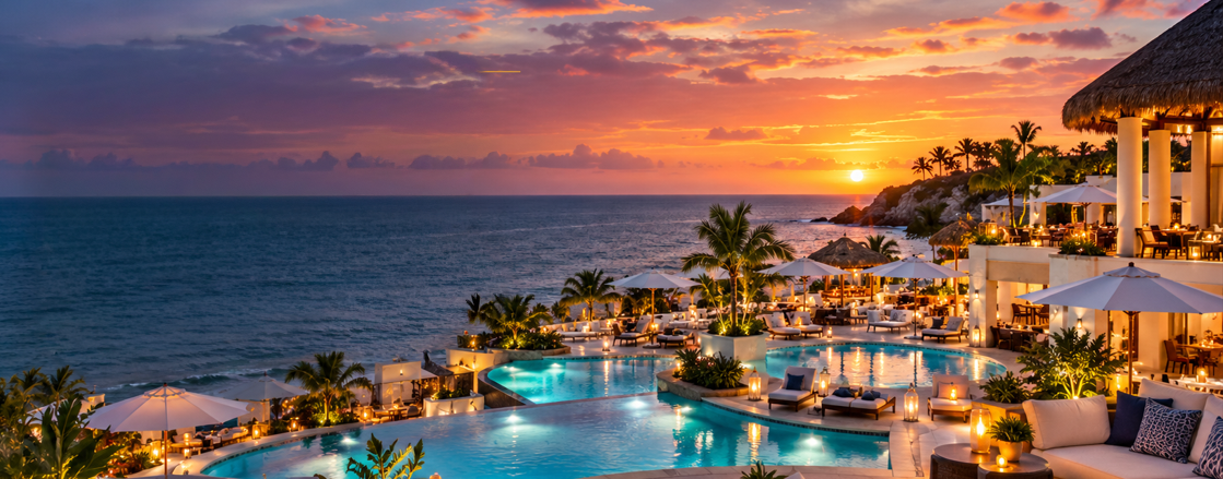 Oceanfront resort at sunset with lit pools, palm trees and a thatched-roof terrace
