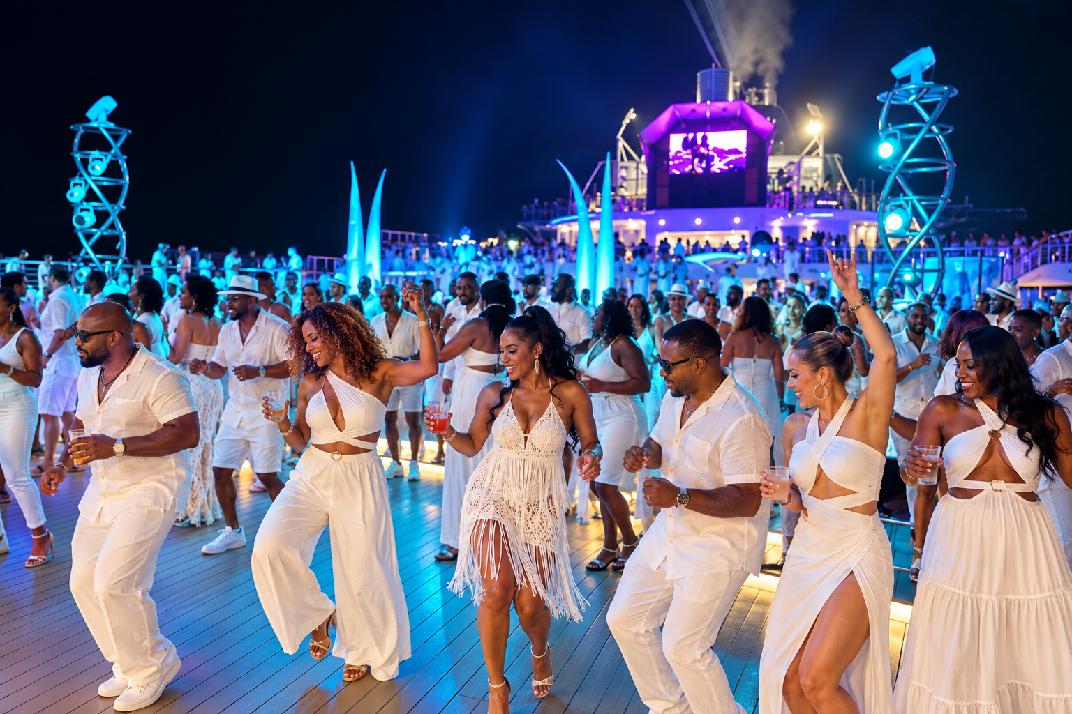 Guests dressed in white dancing at a night deck party aboard a cruise ship