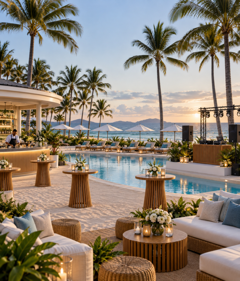 Evening lounge setup beside a resort pool with cocktail tables and flowers
