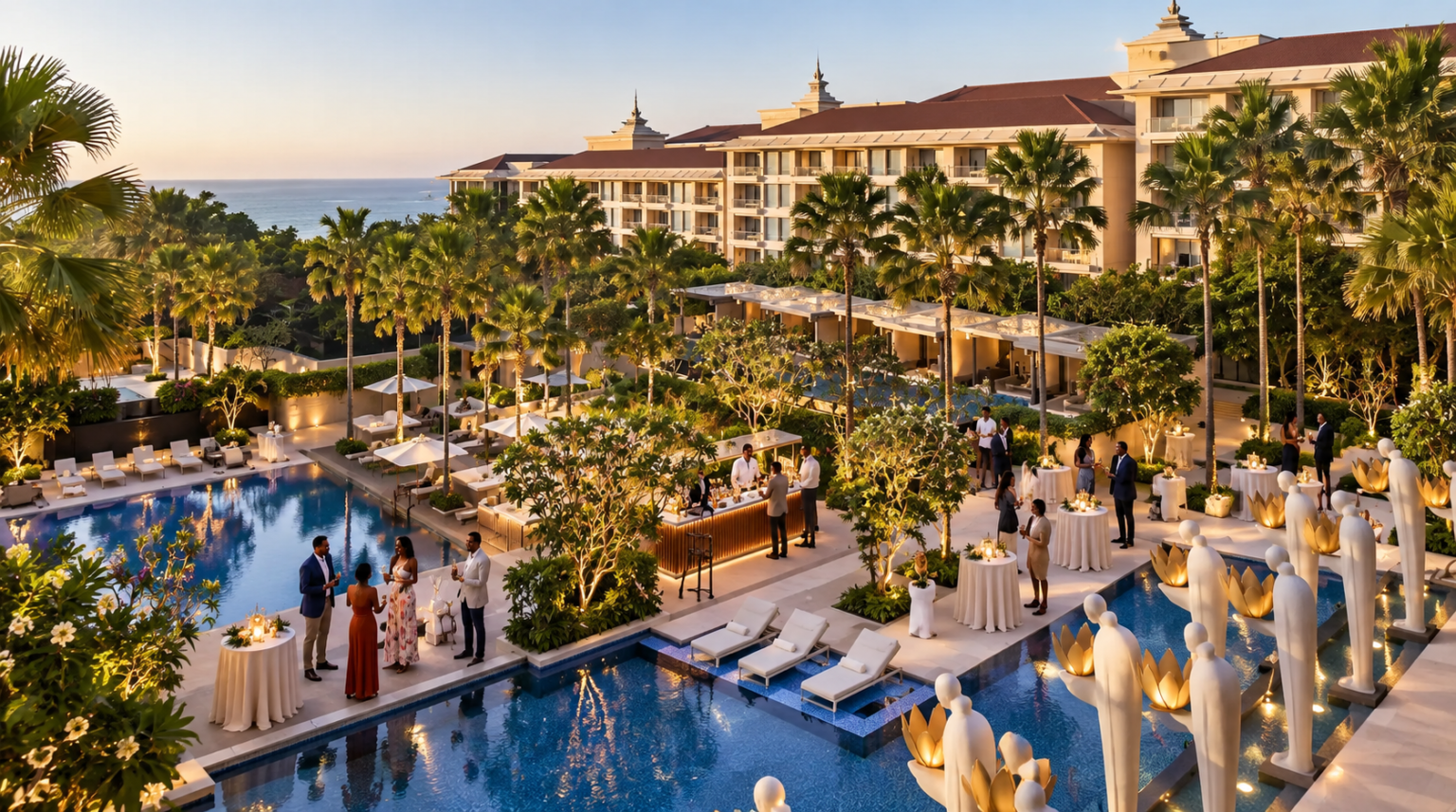 Guests mingling at an evening poolside reception at an oceanfront resort