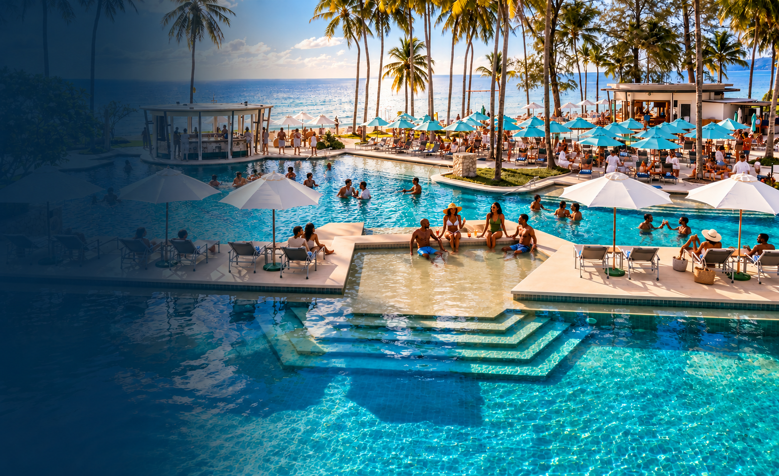 Guests relaxing at a swim-up bar in a resort pool lined with palm trees and white umbrellas