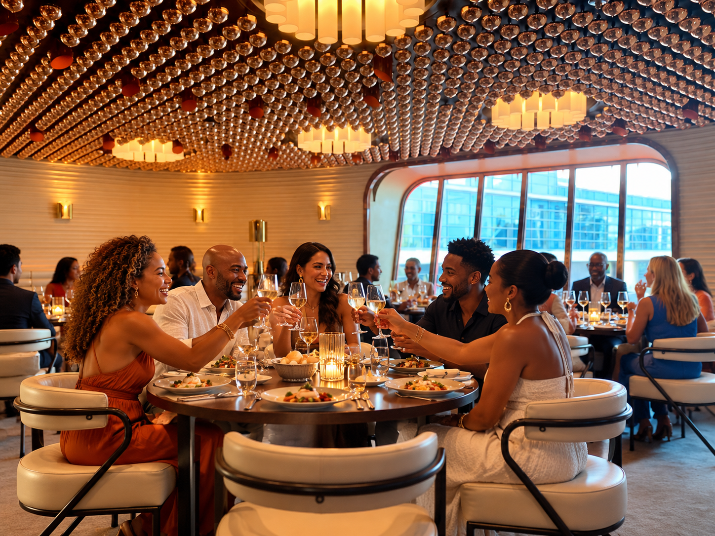 Group of friends raising a toast over dinner at a round table in an elegant restaurant
