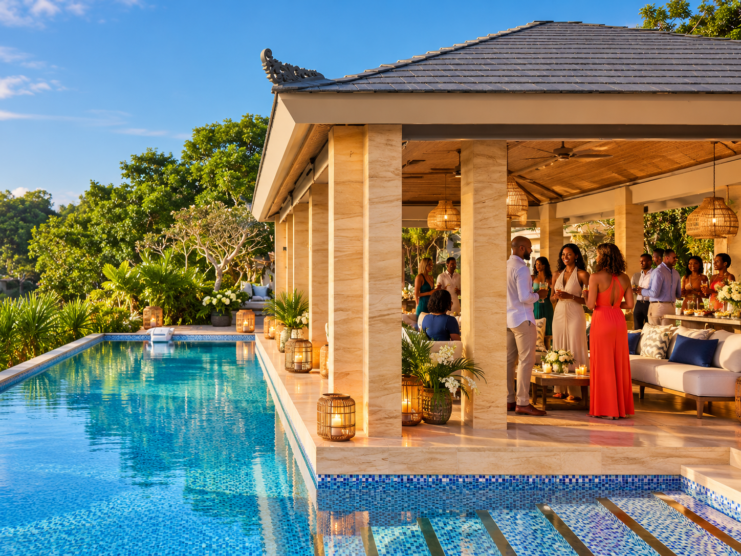 Guests mingling at a private poolside pavilion party at a tropical resort at sunset