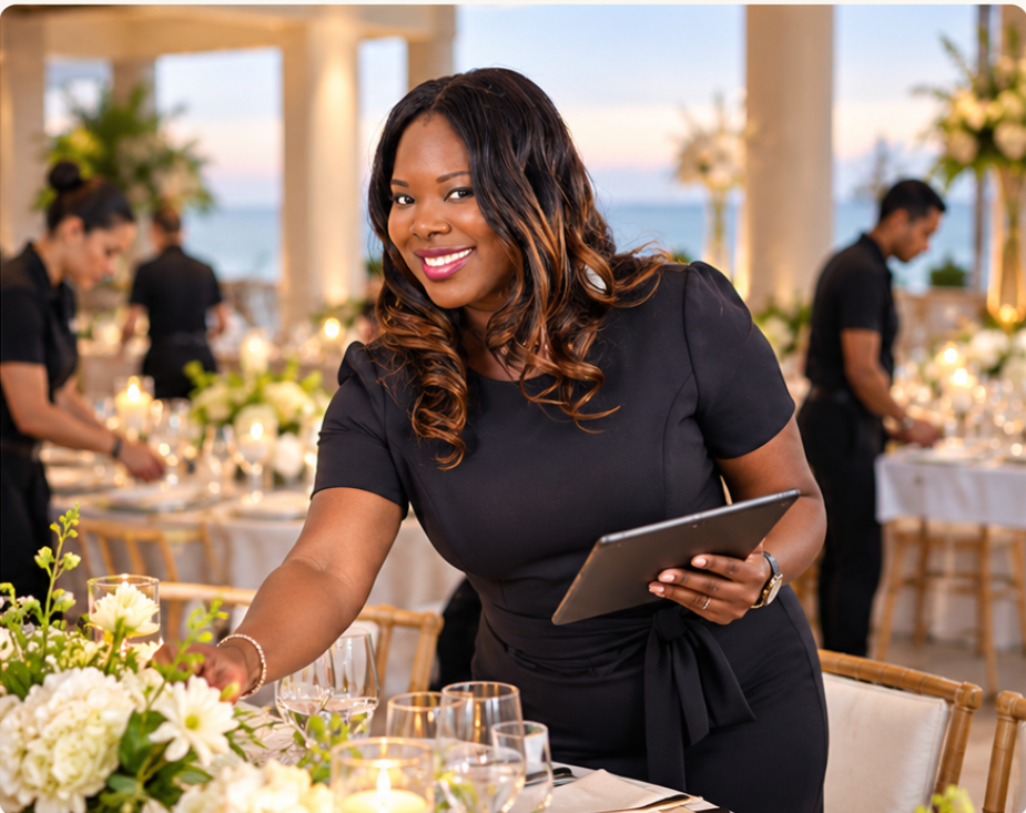 Atlas event planner with a tablet setting a candlelit reception table as staff prepare the venue