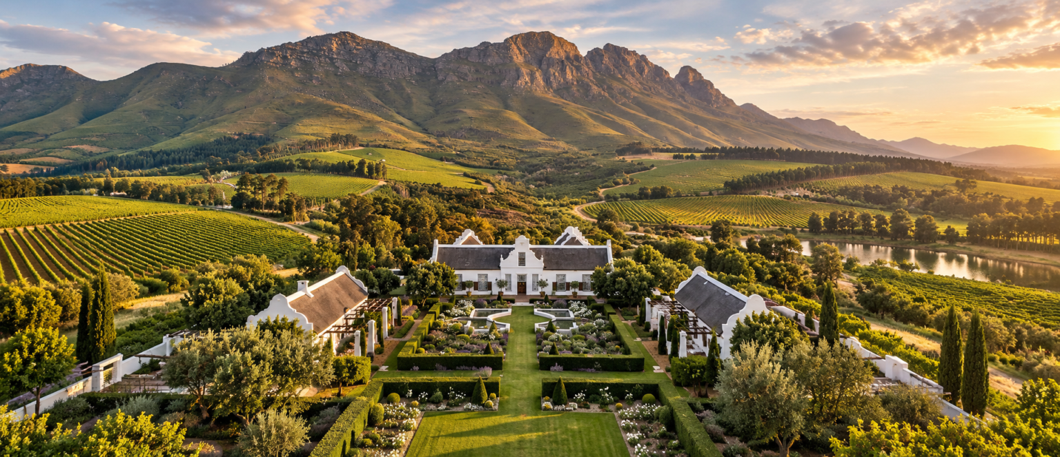 Historic wine estate surrounded by vineyards and mountains at golden hour