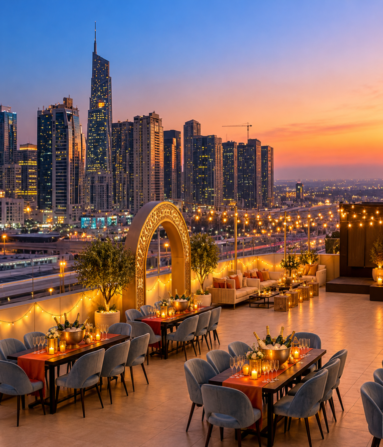 Waterfront terrace at sunset with a lit archway and city skyline