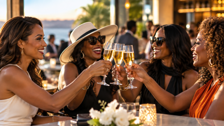 Friends toasting with champagne as the weekend begins